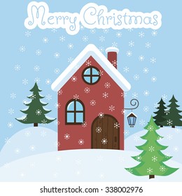 Christmas card. House and snowflakes. Vector illustration.
