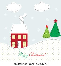 Tarjeta de Navidad con casa y árboles