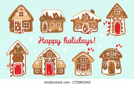 Christmas card with houses made of gingerbread cookies vector illustration. Happy holidays inscription flat style. Nice decorated biscuits. Isolated on blue background