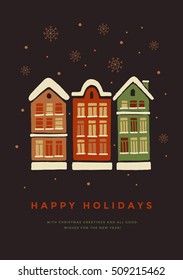 Christmas card. Houses in the snow. Hand drawn Christmas and New Year vector elements. This illustration can be used as a greeting card, poster or print.