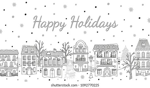 Christmas card with houses and snowfall. Winter urban landscape in black and white colors. Holiday design for real estate business. Vector 