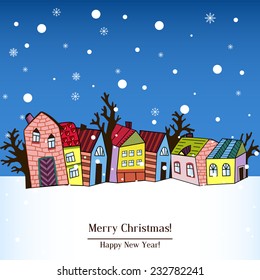 Christmas card with houses, vector 