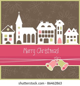 Christmas card with houses, vector