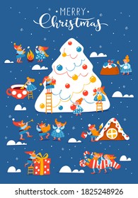  Christmas card with huge Christmas tree. Merry Christmas greeting poster with cute cartoon gnomes being in hygge lifestyle and  doing activities.New Year symbol activities. 