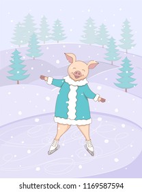 Christmas card with ice skating cute cartoon piggy, symbol year 2019 according to Chinese astrology and oriental calendar on the winter landscape background. Kids book illustration. eps 10
