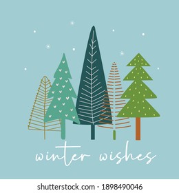 Christmas card with illustrated trees and winter wishes