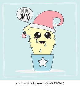 Christmas card with illustration of a cactus dressed in a Christmas hat. Pastel-colored Kawaii Christmas vector.
