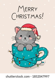 Christmas card illustration cat in a cup with new year garland