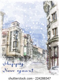 Christmas card  with illustration of city street.  Watercolor style.