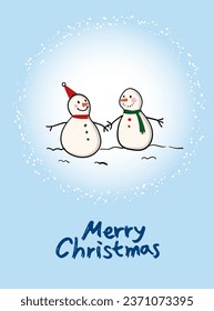 Christmas card illustration of couple snowman.