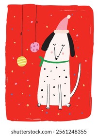 Christmas card illustration with cute dog wearing a Santa hat against a red background. 