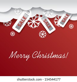 Christmas card illustration design with sale sticker hanging from clouds on red background with space for text