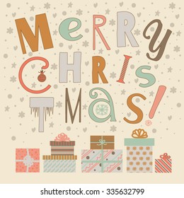 Christmas card with an illustration of gifts and text.