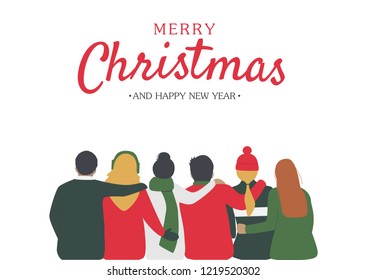 Christmas card illustration group of people friends hugging together.