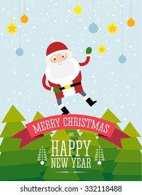 Christmas card illustration of the happy Santa Claus standing on the top of the ribbon with Christmas wishes. 
Christmas trees and falling snow on the blue background.