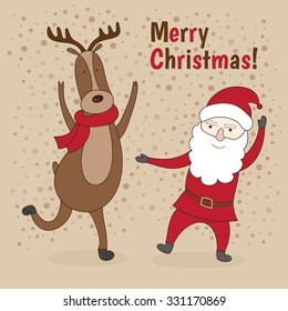 Christmas card with an illustration. Image characters. Elk and Santa Claus.