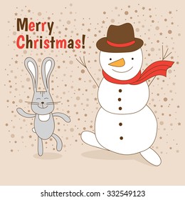 Christmas card with an illustration. Image characters. Snowman and rabbit.