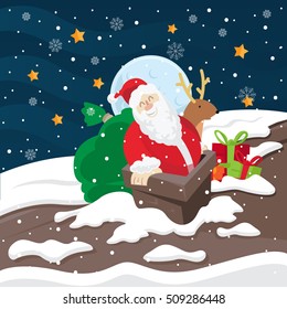 Christmas Card Illustration - Santa Midnight Chimney Entrance