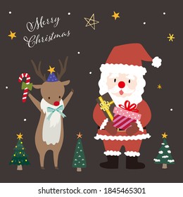 Christmas card, illustration of Santa and reindeer