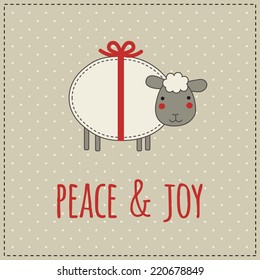 Christmas card. Illustration of christmas sheep with gift bow on a polka dot background.