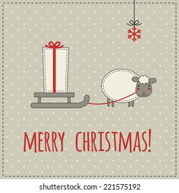 Christmas card. Illustration of christmas sheep with sleigh on a polka dot background.
