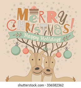 Christmas card with an illustration. It shows two deer , and Christmas greetings.