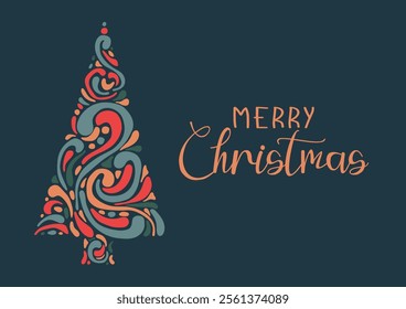 Christmas card with an illustration of a Christmas tree made of colorful monograms and swirls in a flat style. A template for the creative concept of an abstract Christmas card.