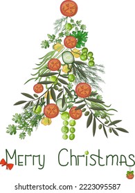 Christmas card. Illustration of a Christmas tree of vegetables and fruits - grapes, olives, tomatoes, cucumbers, dill, parsley. Under the illustration is an inscription- Merry Christmas! Vector 