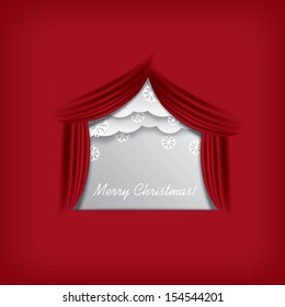 Christmas card illustration vector with red curtains blended into red background and space for text