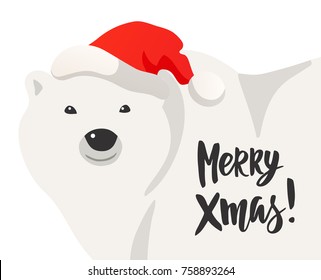 Christmas card. Illustration of white polar bear in Santa red hat isolated on white. Hand drawn Merry Xmas text. Great for Christmas and New Year posters, banners, gift tags and labels.