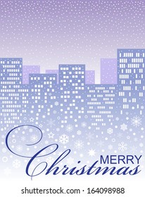 Christmas card with the image of a blue winter city, snowflakes, an inscription on a violet background