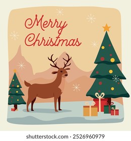 Christmas card with an image of a deer standing next to decorated Christmas trees and gifts. The phrase Merry Christmas appears at the top and is perfect for holiday cards and seasonal designs.