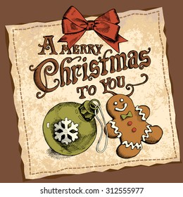 Christmas card with image of a gingerbread man, toy ball and bow. Vector illustration.