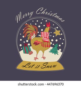 Christmas card with image of a glass snowball. Cartoon rooster in a scarf surrounded by gift and a fir. Vector illustration.