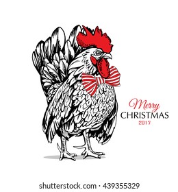 Christmas card with image of the Rooster with a tie. Vector illustration.