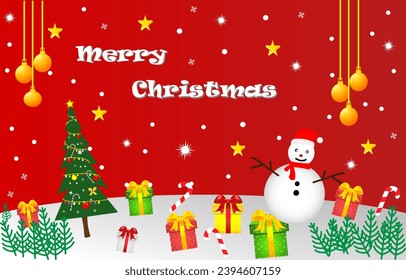  Christmas card with an image of a snowman, a Christmas tree, presents, and a candy cane. The background of the card is red with the words "Merry Christmas" at the top.