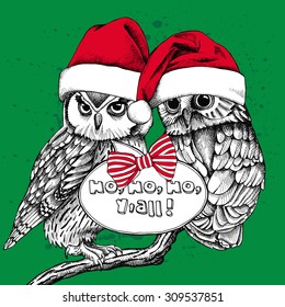 Christmas card. Image of two owls in red Santa hats on a green background. Vector illustration.