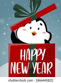 Christmas card with the inscription.
Big gift with a penguin inside, winter background.