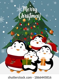 Christmas card with the inscription.
Big Christmas tree and cute penguins with gifts, winter background.