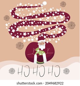 Christmas card with inscription ho ho ho, Santa Claus with a bag of gifts, wearing a long strange star cap showing the way.