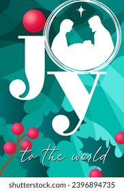 Christmas card with the inscription "Joy to the world" and holly berry. Nativity typography for posters or social media banner. Vector illustration