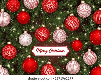 Christmas card with the inscription "Merry Christmas". The card is decorated with fir branches, red and white Christmas balls.