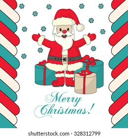 Christmas card with inspiration: Merry Christmas! and Santa Claus with gifts