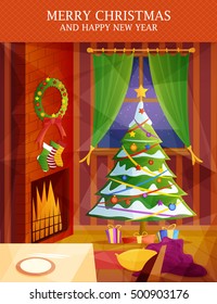 Christmas card, Christmas interior with a fireplace