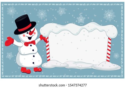 Christmas card for invitation or congratulation with a cheerful snowman and snowy billboard.