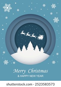 Christmas card or invitation in cut paper style. Christmas night in the forest, Santa in a sleigh in the sky.