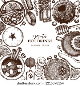 Christmas card or invitation design. Vector frame with winter drinks drawings. Hand sketched tea, mulled wine, cocoa, fruits, spices, coffee and hot chocolate. Vintage food and beverages template.