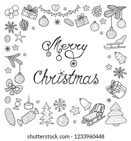 Christmas card with isolated objects. Christmas toys, gifts, candy, fir branches and cones. Vector illustration in hand drawing, for cards and gifts design. For coloring.