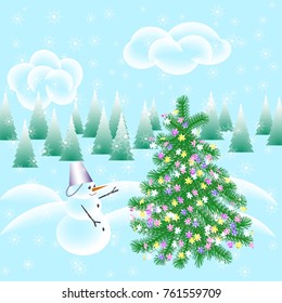 Christmas card, items to decorate the festive gifts, background. Christmas tree, snowman, snowflakes