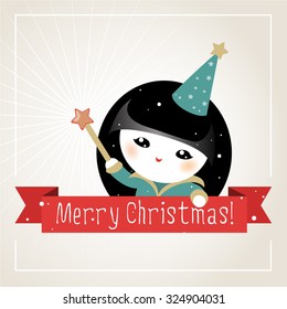 Christmas card with japanese girl in magician costume. Christmas retro greeting card and background